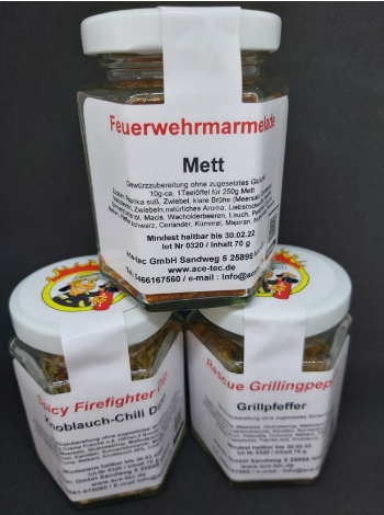 Feuerwehrmarmelade Mett 
Rescue Grillingpepper Grillpfeffer 
Spicy Firefighter Dip Knoblauch-Chili Dipp  3er Set
